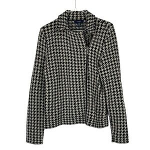 Chaps Black & White Zip Front Moto Tailored Houndstooth Sweater Jacket SZ Large